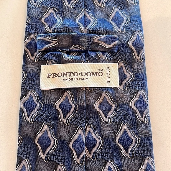 Pronto Uomo 100% Silk Blue Geometric Men’s Necktie - Picture 2 of 4